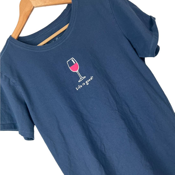 LIFE IS GOOD‎ Women's M Vintage Pink Wine Glass Navy Blue Cotton Graphic T-Shirt - Picture 1 of 7